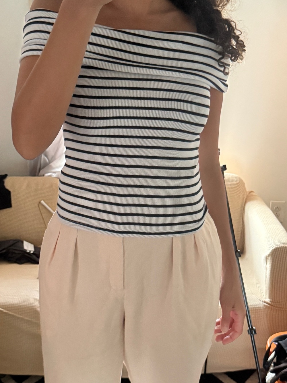 Pull&Bear Black & White Striped Off-Shoulder Crop Top